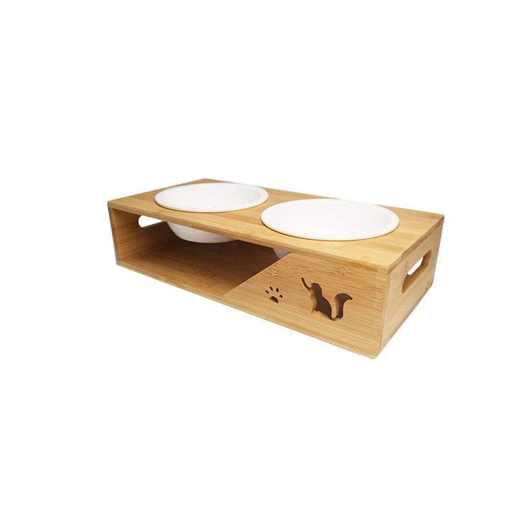 Custom Logo Wholesale/Supplier Hot Sale Wood Bamboo Elevated Pet Cat Double Bowl Ceramic Luxury Non Slip Dog Food Water Bowl