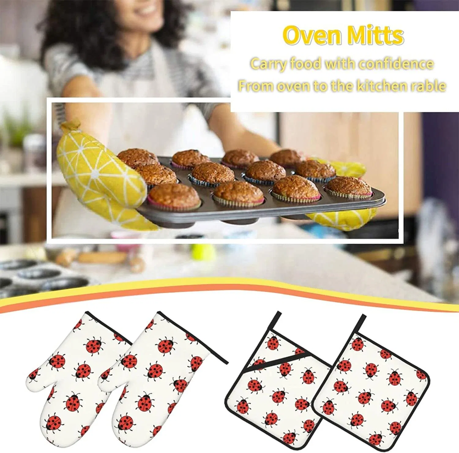 Ladybugs Pattern Infinite Speckled Oven Mitts and Pot Holders Set