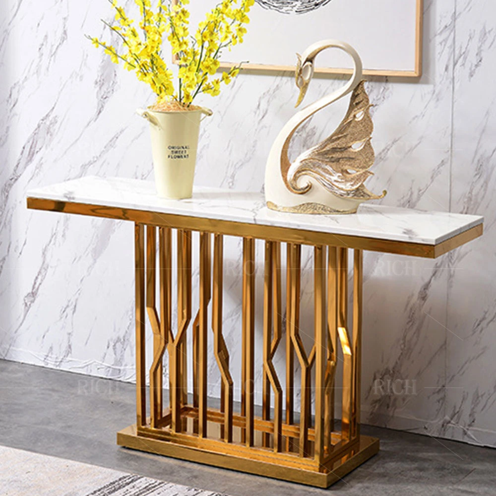 Living Room Hall Marble Top Entryway Stainless Steel Gold Metal Frame Marble Hallway Console Table