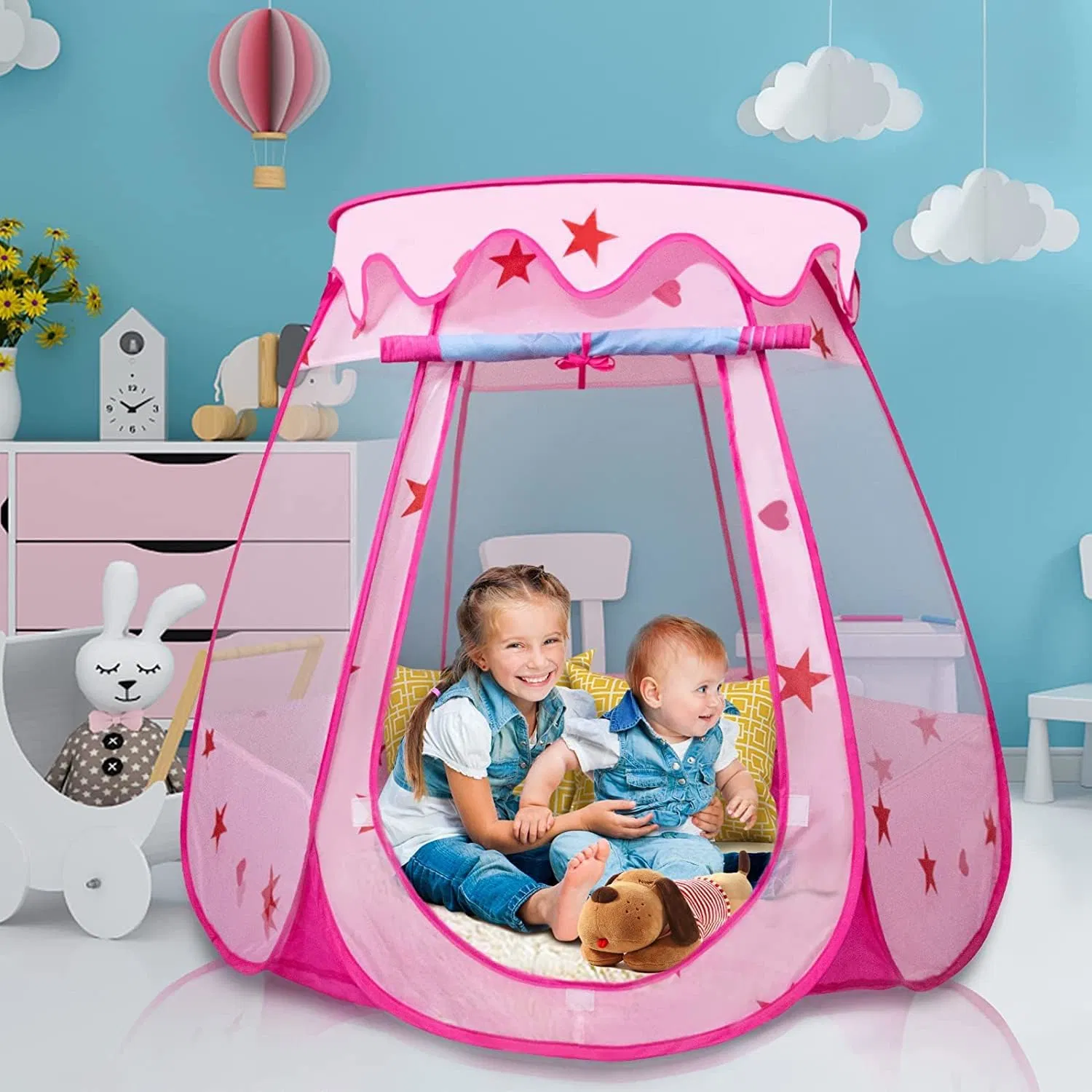 Kids Pop up Tent with Star Light and Clip, Girls Pink Princess Indoor & Outdoor Play Tent Small