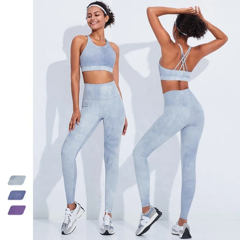 China Contrast Color Vest Long Sleeves Tops Leggings Yoga Suit Three Piece Set Women Clothing