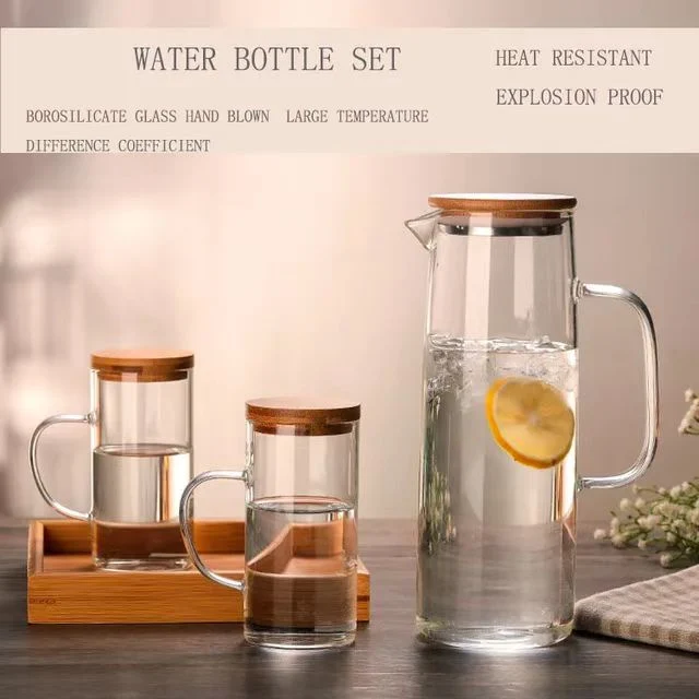 1300ml Home Glassware Water Jug Glass Pitcher Set with Bamboo Lid Two Cups