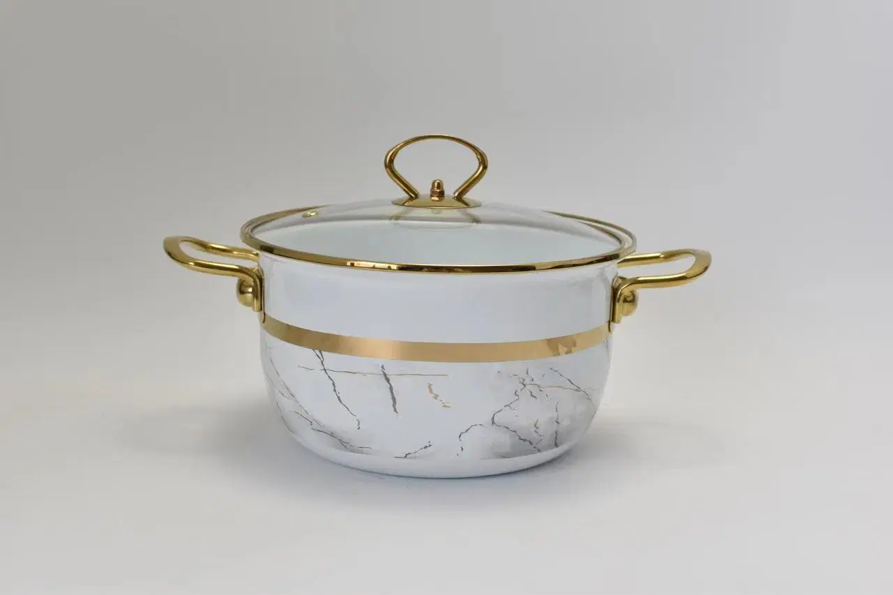 New Style Kitchenware Enamel Casserole Pot Food Cooking Pot with Golden Stainless Steel Handle