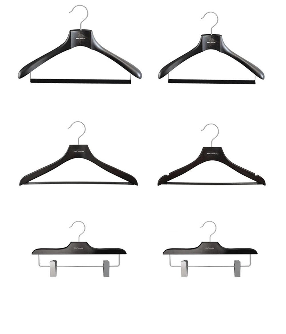 Elegant Custom Shaped Wooden Adult Clothes Hangers in Smooth Matt/Glossy Black Finish with Velvet Flocking Bar for Men&Lady Luxury Coat/Shirt/Suit/Jacket