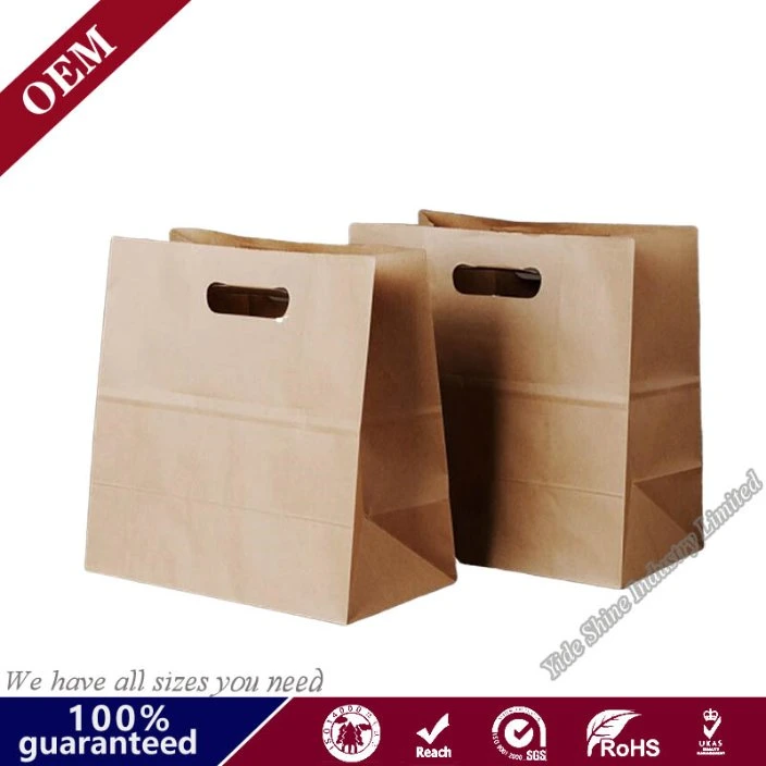 Ecological Bolsas Papel Food Carry out Paperbag Die Cut Handle Brown Kraft Catering Paper Bag with Custom Logo for Restaurant