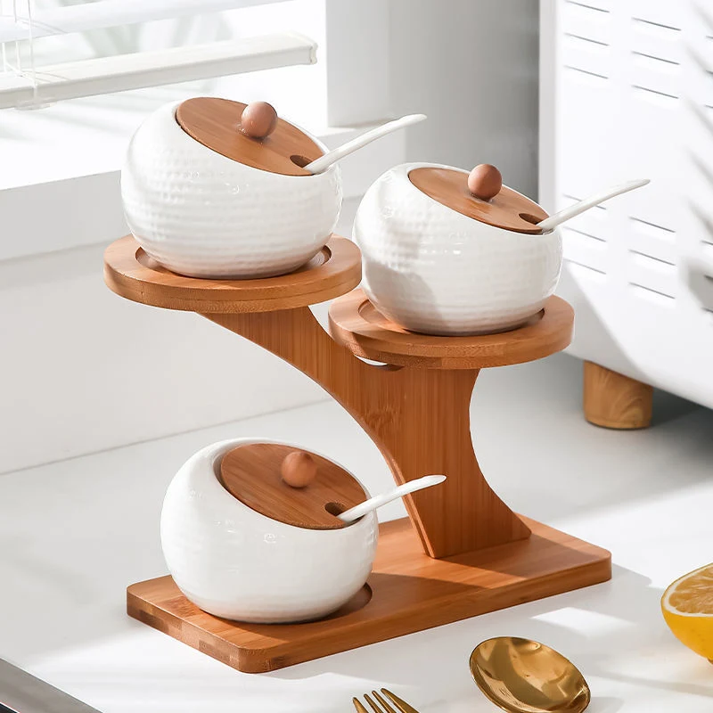 Conjunto de 3 peças de copo de tempero Bamboo Ceramic Spice