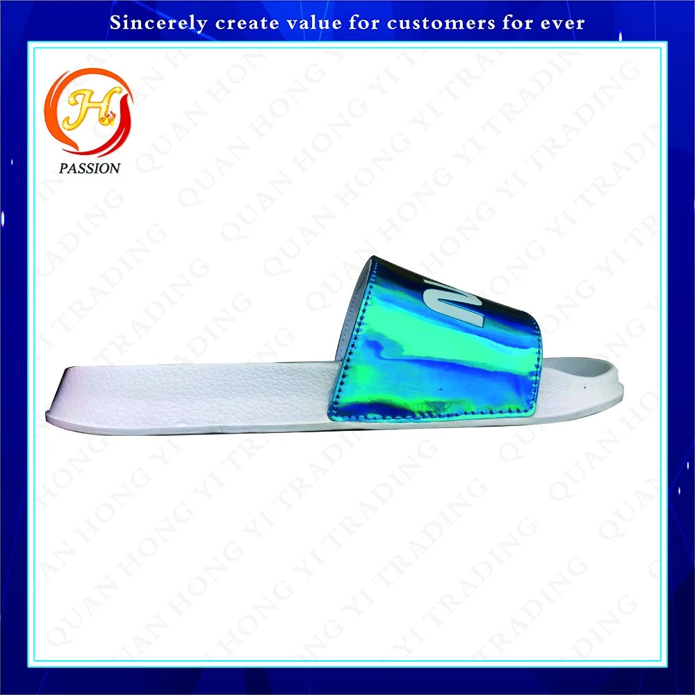 Customized High quality/High cost performance  Waterproof PU Rainbow Upper Slippers for Women Artificial Satin Upper Slide Sandals Materials