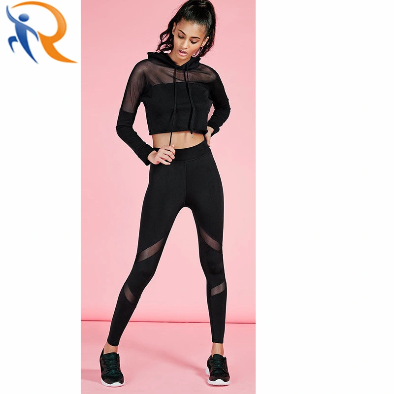 Custom Your Logo High Quality Women Sexy Black Active Wear Slim Fitness Yoga Set Sportswear with Mesh Custom Gym Wear Women