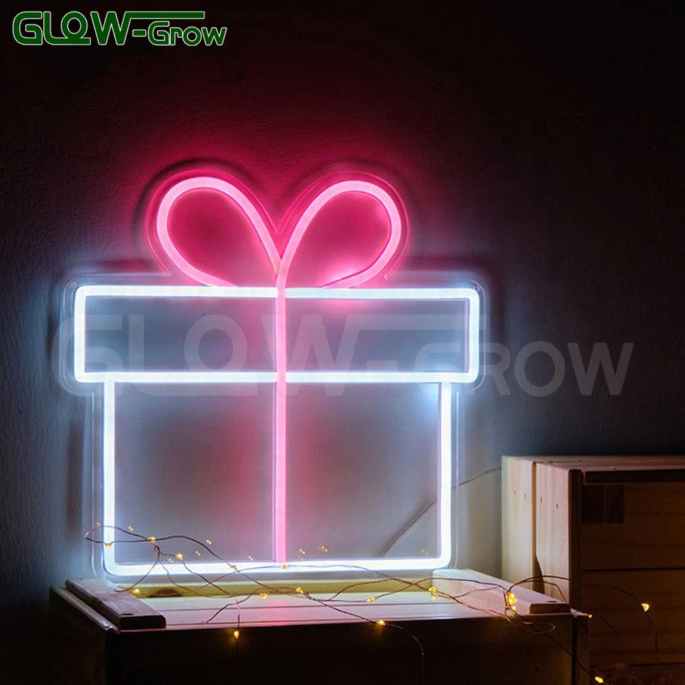 11.81'' X 14.09'' Boîte-cadeau de Noël personnalisée en néon LED Neon Flex blanc chaud avec panneau en acrylique pour la décoration de mariage à domicile et de fête.