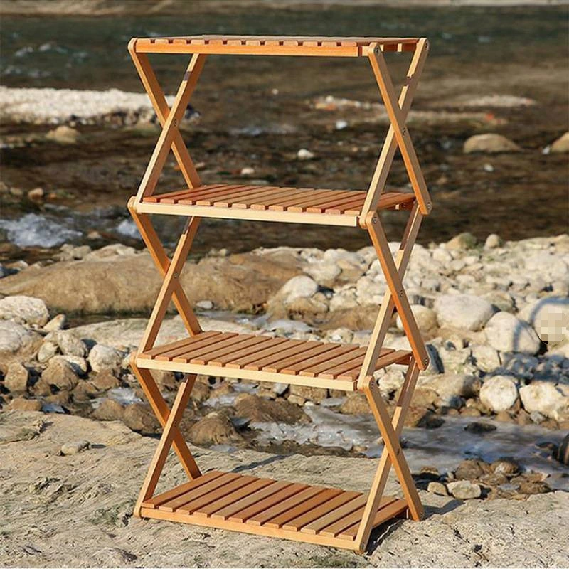 Outdoor Multi-Functional Solid Wood Foldable Ultra-Light Camping Table Storage Rack