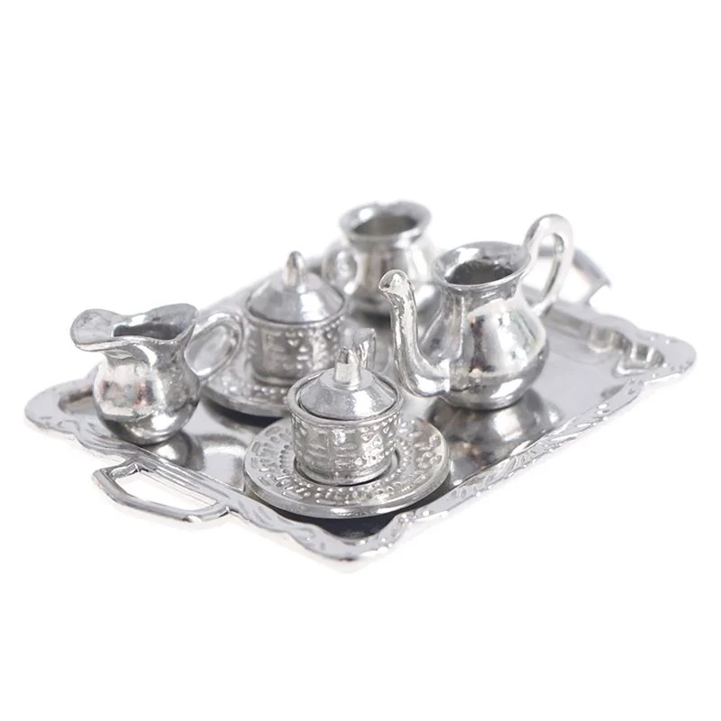 Dollhouse miniatura Plata Metal té Café bandeja vajilla juego para Decoración Dollhouse