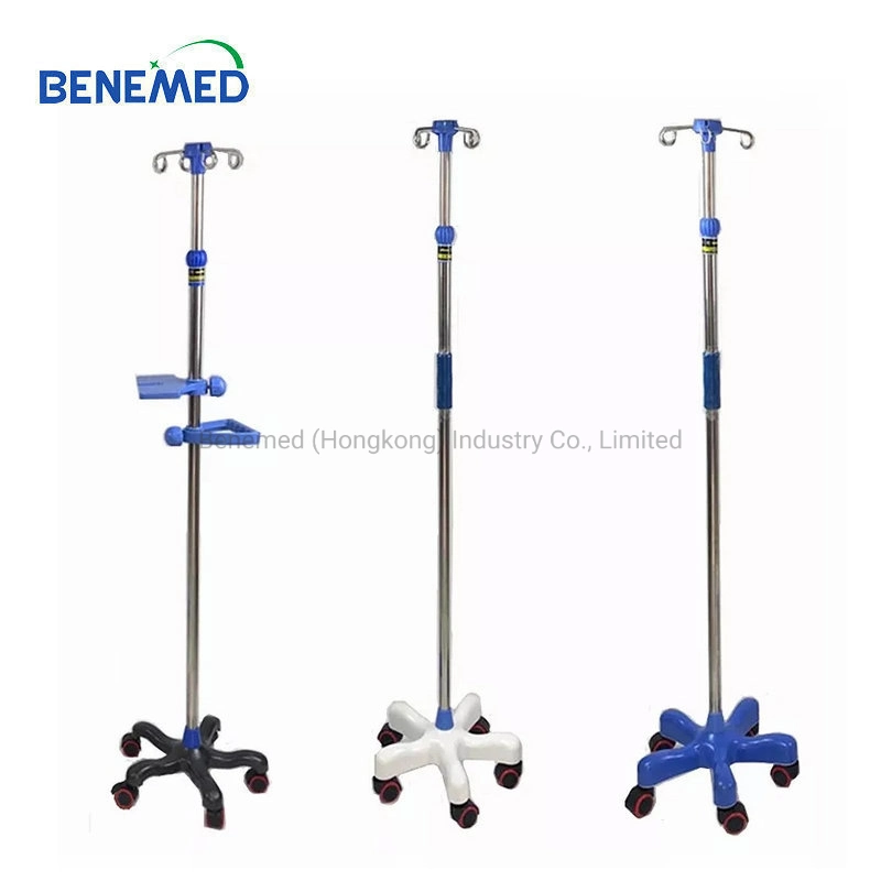 4 Hooks Adjustable Stainless Steel Hospital Furniture Infusion IV Serum Stand with Wheels