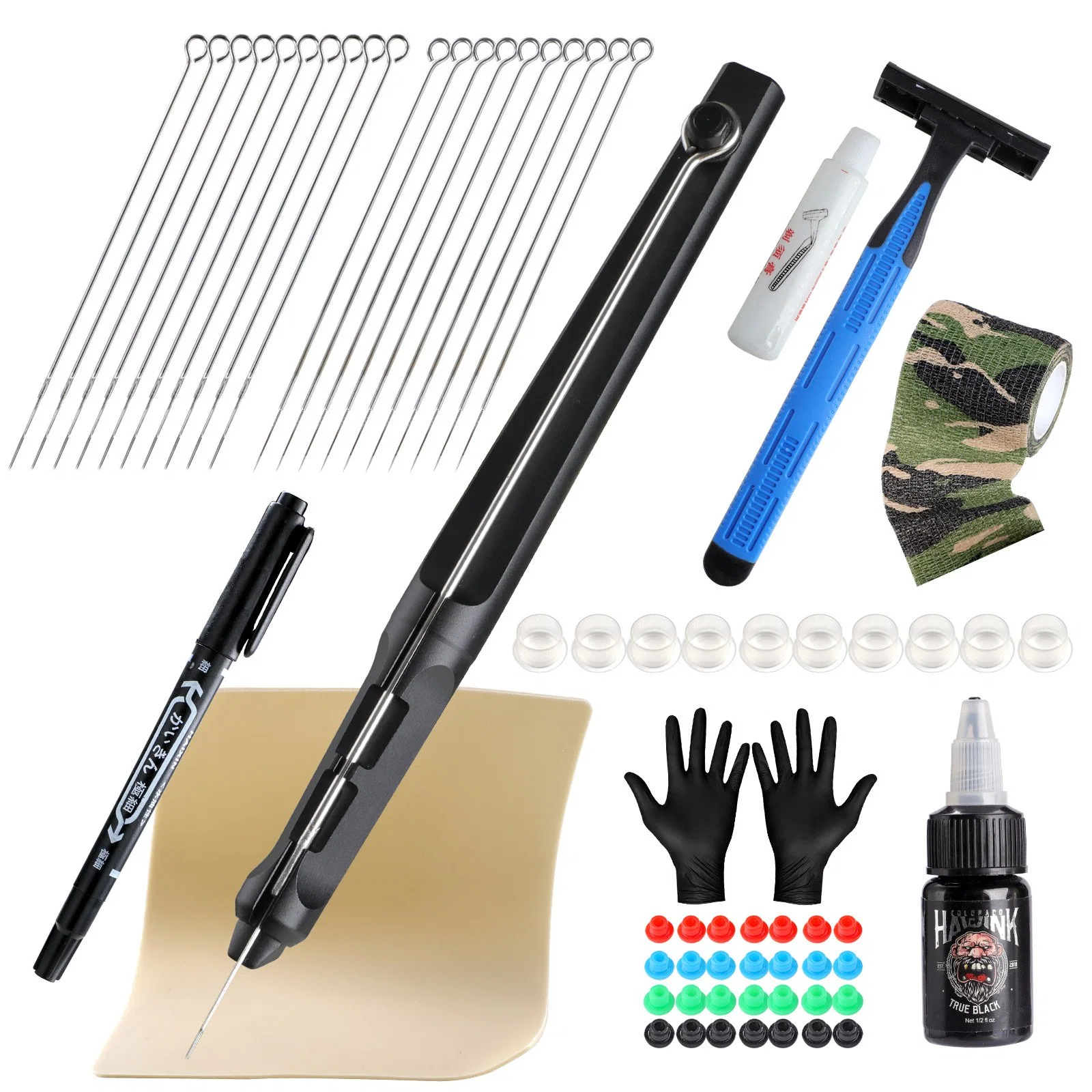 Black Traditional Tattoo Hand Needle Kit with Ink Needles Accessories Set for Body Art Hand Poke Stick Tattoo Beginner Practice