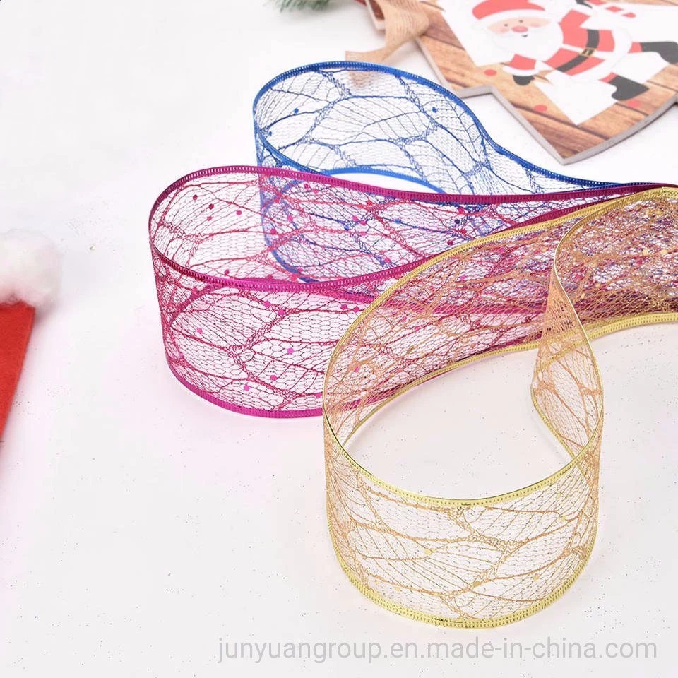 New Style Silver/Gold/Pink/Blue Maple Leaf Glitter Mesh Wired Edge Christmas Ribbon Package Decoration