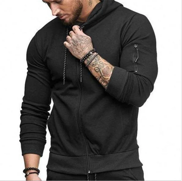 El 65% de algodón para hombres Slim Deporte Sudadera con capucha chaqueta con cremallera del brazo de la moda casual sudadera de viajes