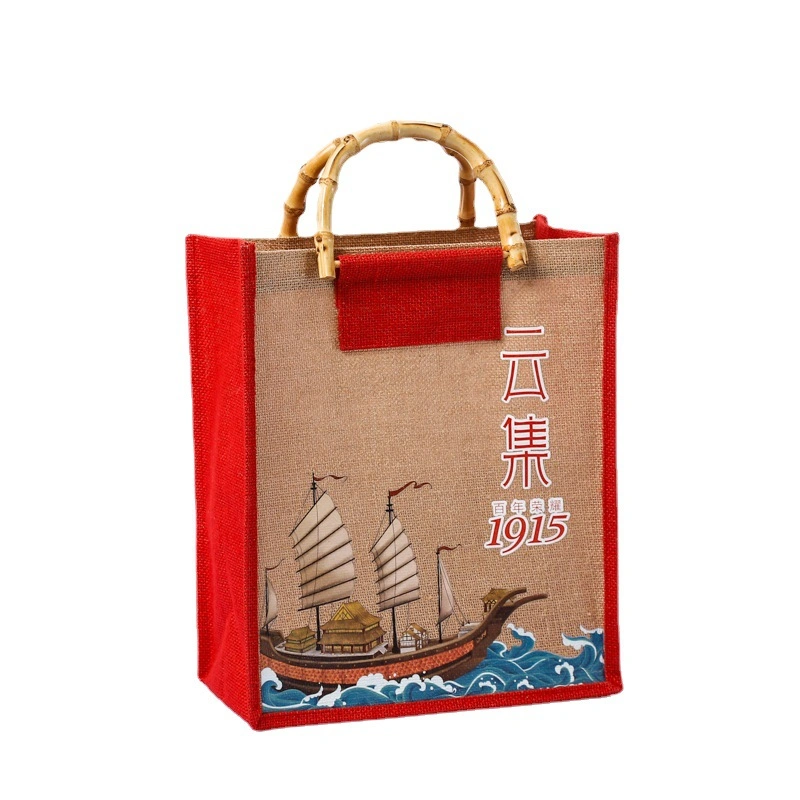 Wholesale Jute Shopping Beach Bag Bamboo Circle Hand Pull Cotton Linen Tote Vintage Gift Bag