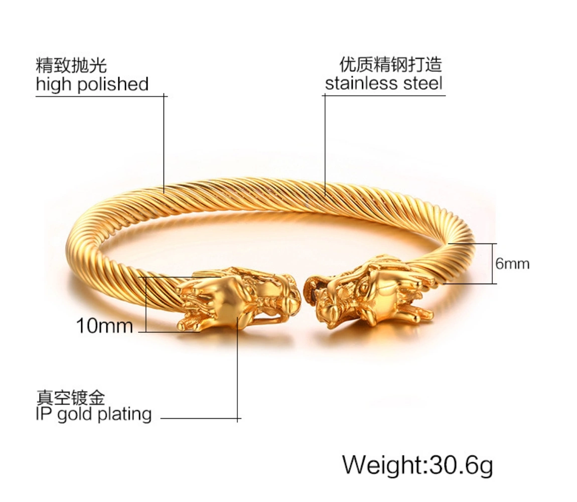 Titanium Steel Bracelet Steel Wire Stainless Steel Wia Dragon Head Open Bracelet Punk Men&prime; S Metal Bracelet Jewelry