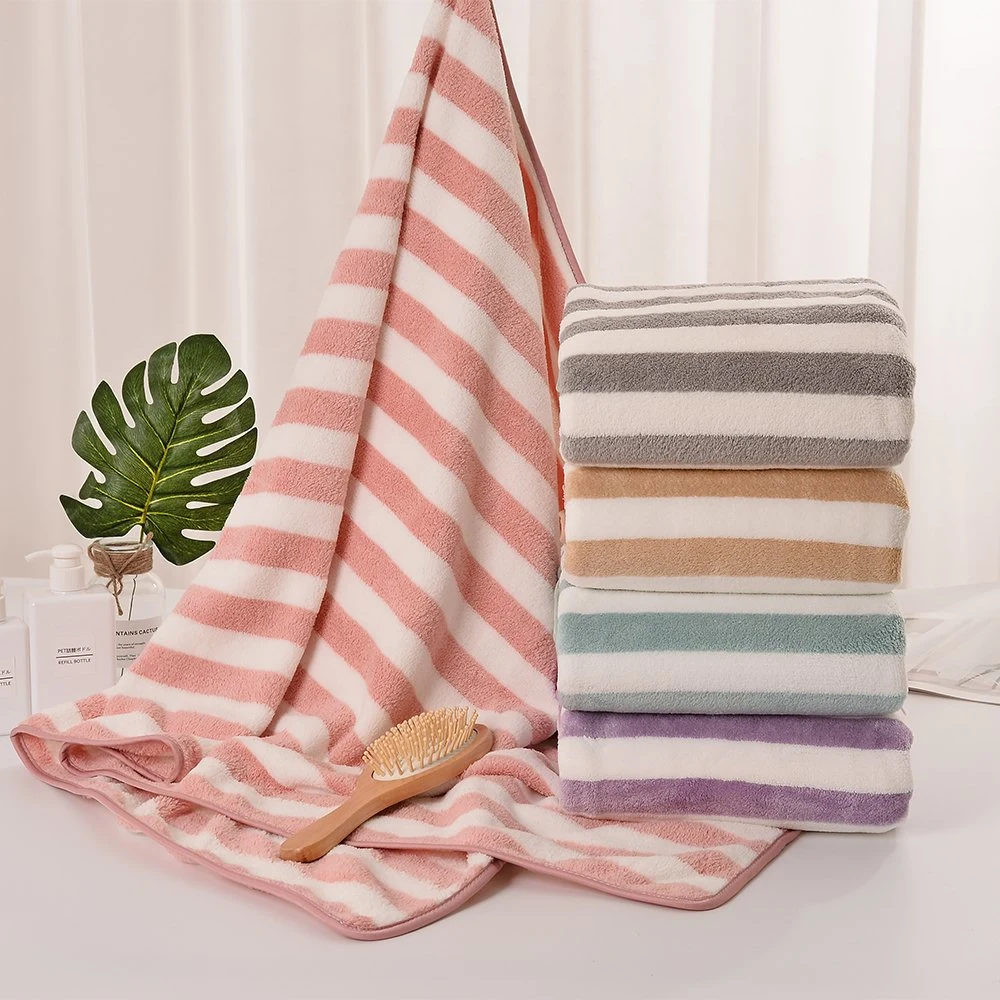 Super Absorbent Soft Quick Dry Lightweight Cationic Strip Coral Velvet Microfiber Towel Set 4 Bath Towels 4 Hand Towels 4 Colors for Shower Pool Beach Bathroom