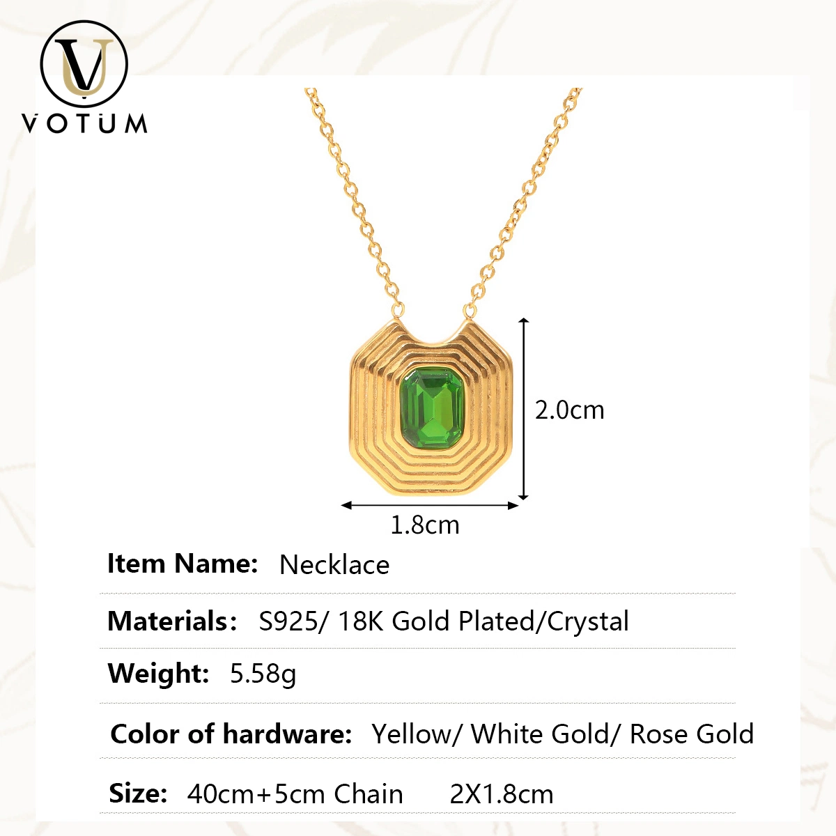 Votum Factory Customize Wholesale/Supplier Square S925 Sterling Silver 18K Gold Plated Crystal Necklace Handmade Jewelry