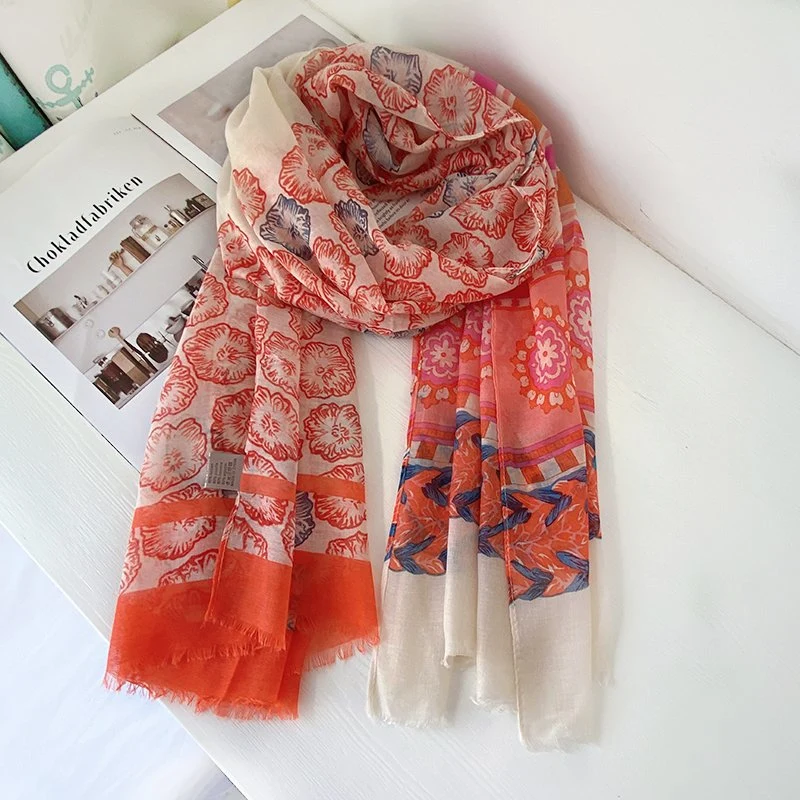 2022 Laranja Plant Flower Cotton Linen Scarf Soft Long Sunscreen Toalha de praia grande do showl Seaside