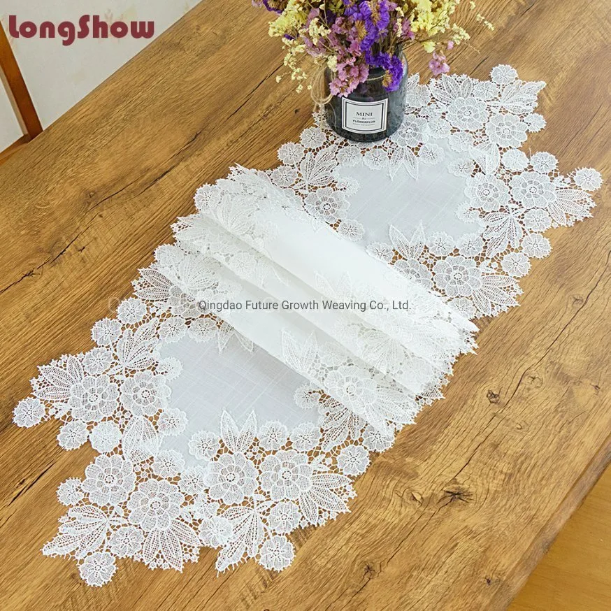 Wholesale/Supplier Customized White Polyester Lace Fabric Table Runner for Wedding, Party, Banquet Decor