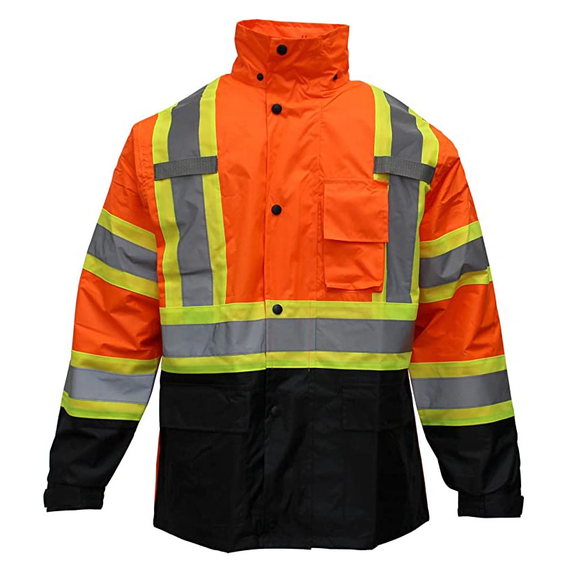 Safety Class 3 Regenanzug Jacke und Hose gute Sichtbarkeit Regenset Mit Reflektierendem Schwarzem Boden