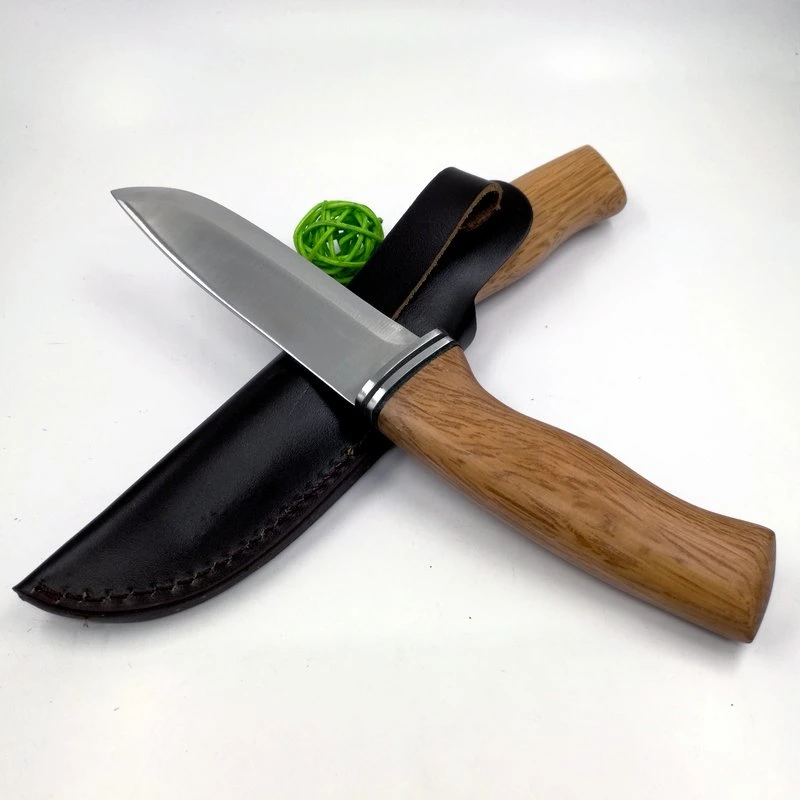 Cuchillo de hoja fija de madera de 9.5 pulgadas para caza, camping y actividades al aire libre con funda de cuero