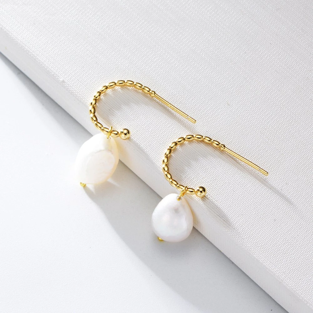 Simple Fashion Personalized 925 Sterling Silver Natural Freshwater Pearl Drop C Shaped Hoop Earring for Girls