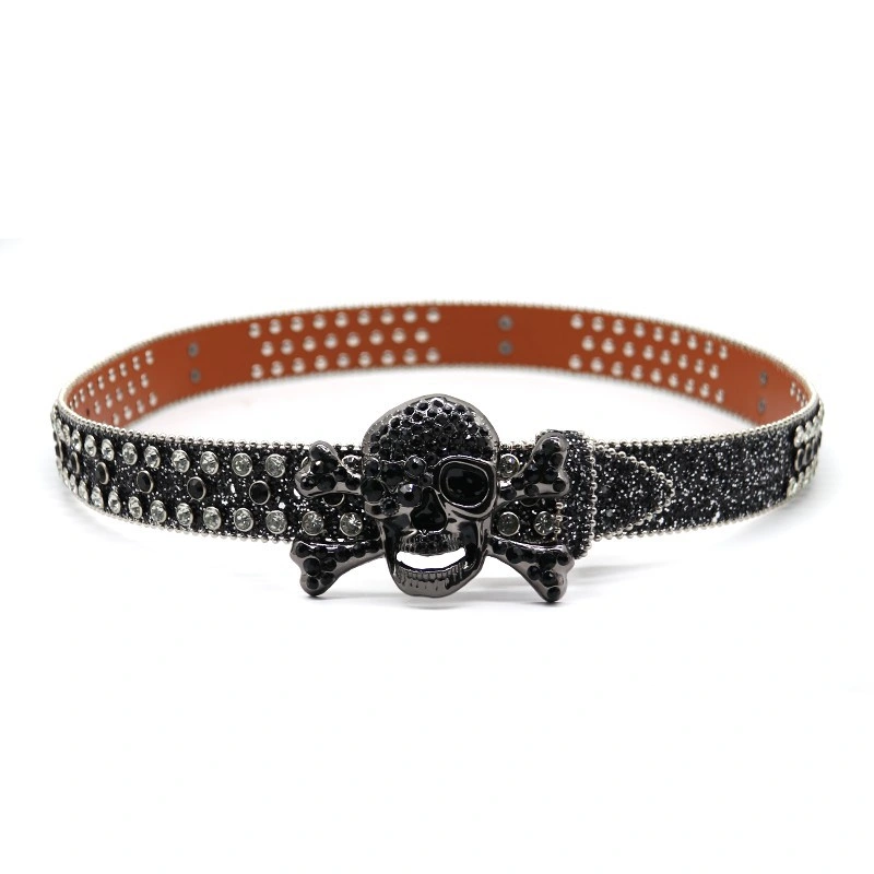 Retro Western Cowboy Bling Light Siam Black Rhinestone Belt Pumpkin Studded Belt with Custom Removable Skull Buckle