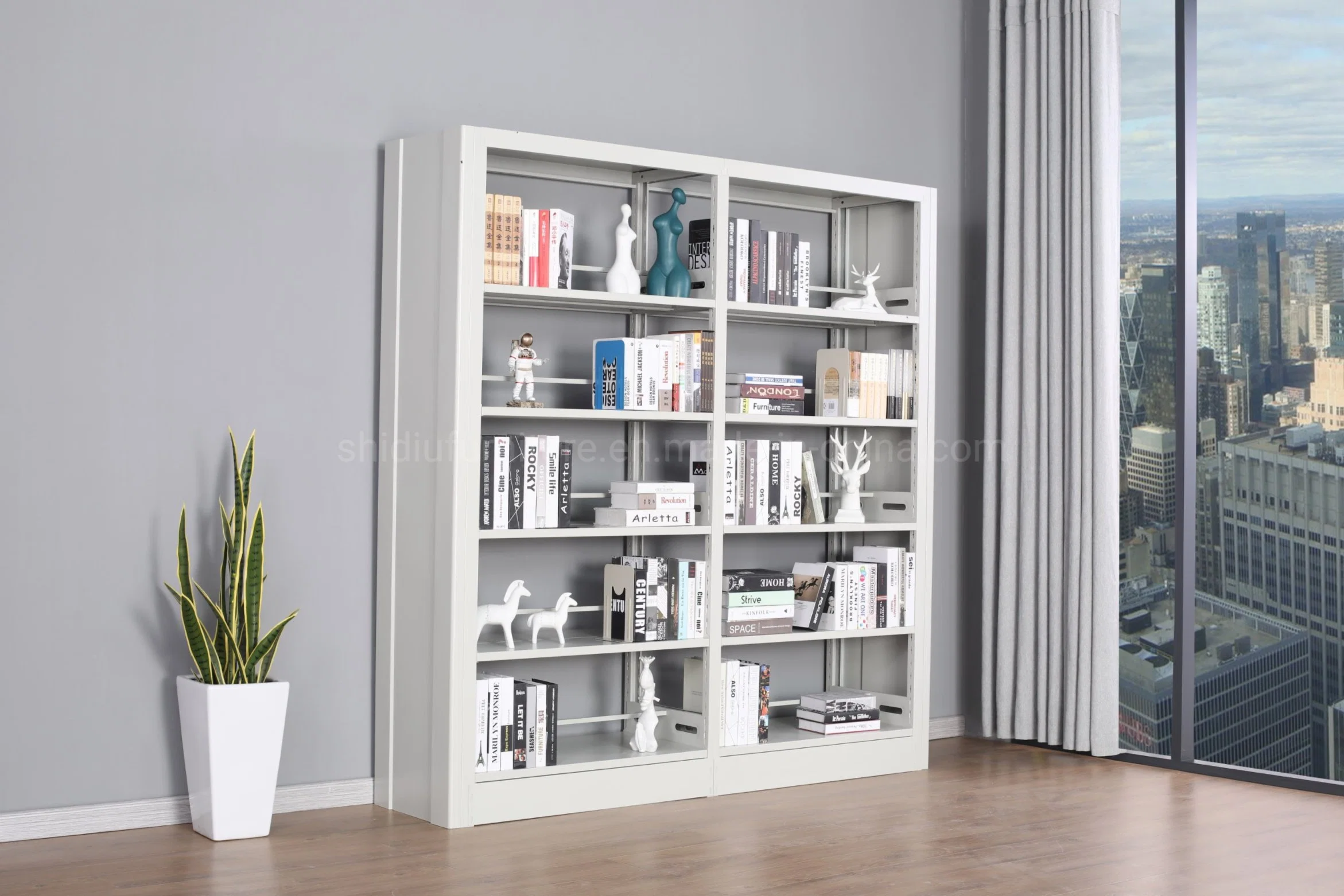 Double-Sided Adjustable Metal Book Shelf Display Rack for Library and Archives Rooms