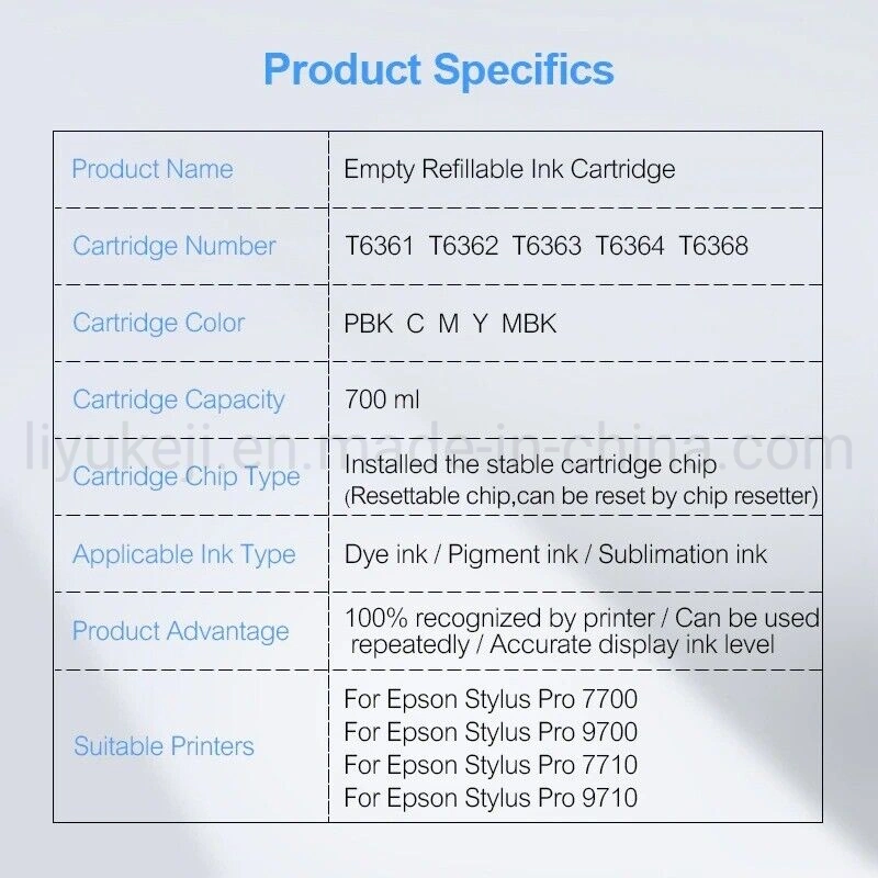 Epson T6361-T6364 T6368 Refill Ink Cartridge Empty Refillable Ink Cartridge with Chip Resetter for Epson Stylus PRO 7700 9700 7710 9710 Printer 700ml /PC