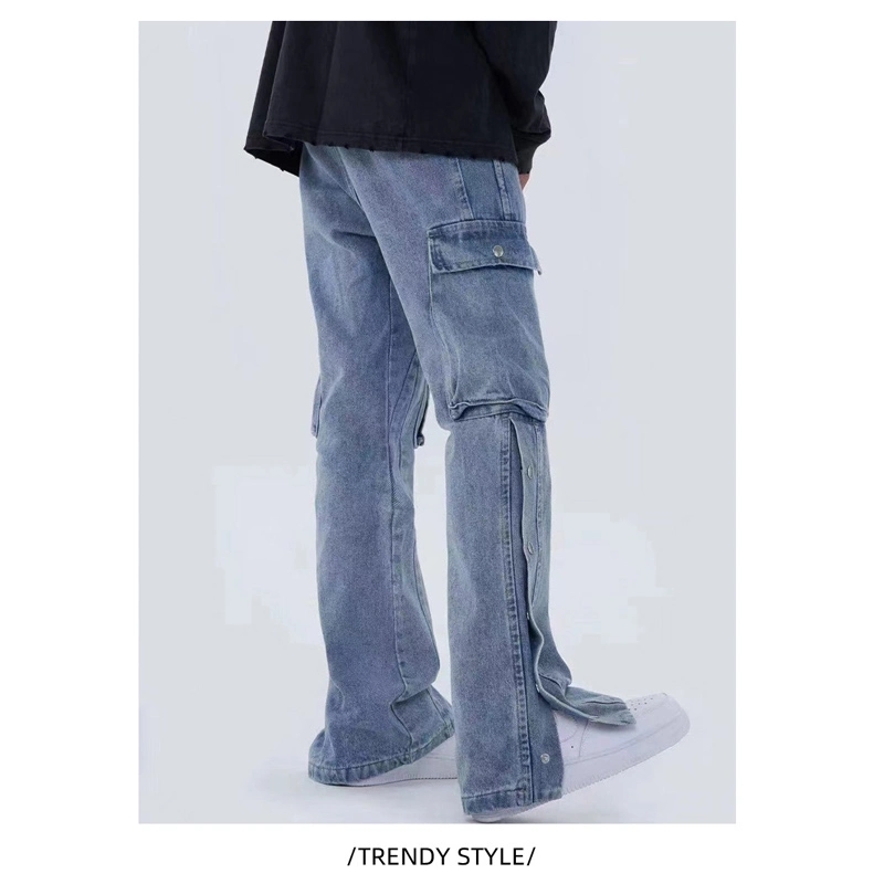 High Street Breasted vaqueros lavados retro de los hombres europeos y americanos de Hip Hop Multi-Bag tendencia Casual suelto Todo el utillaje de pantalones de pierna (CFJPM009) (CFJPM009)