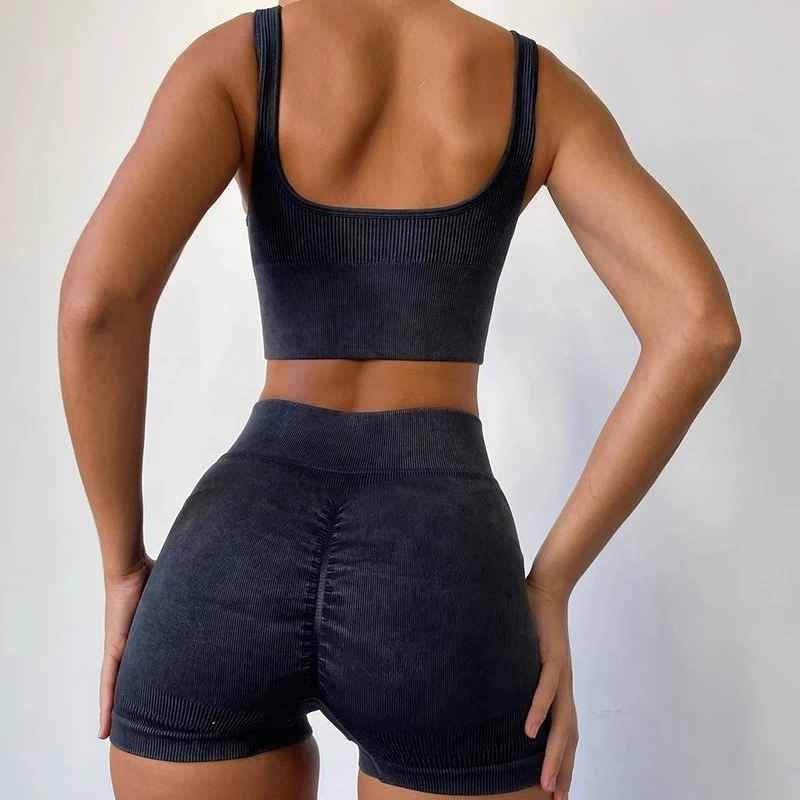 Women Crop Top Bra Acid Wash Biker Shorts Yoga Workout Outfit Fitness Gym Clothes Sports Suits Tracksuit Wholesale/Supplier Gym Wear Seamless Sports Set