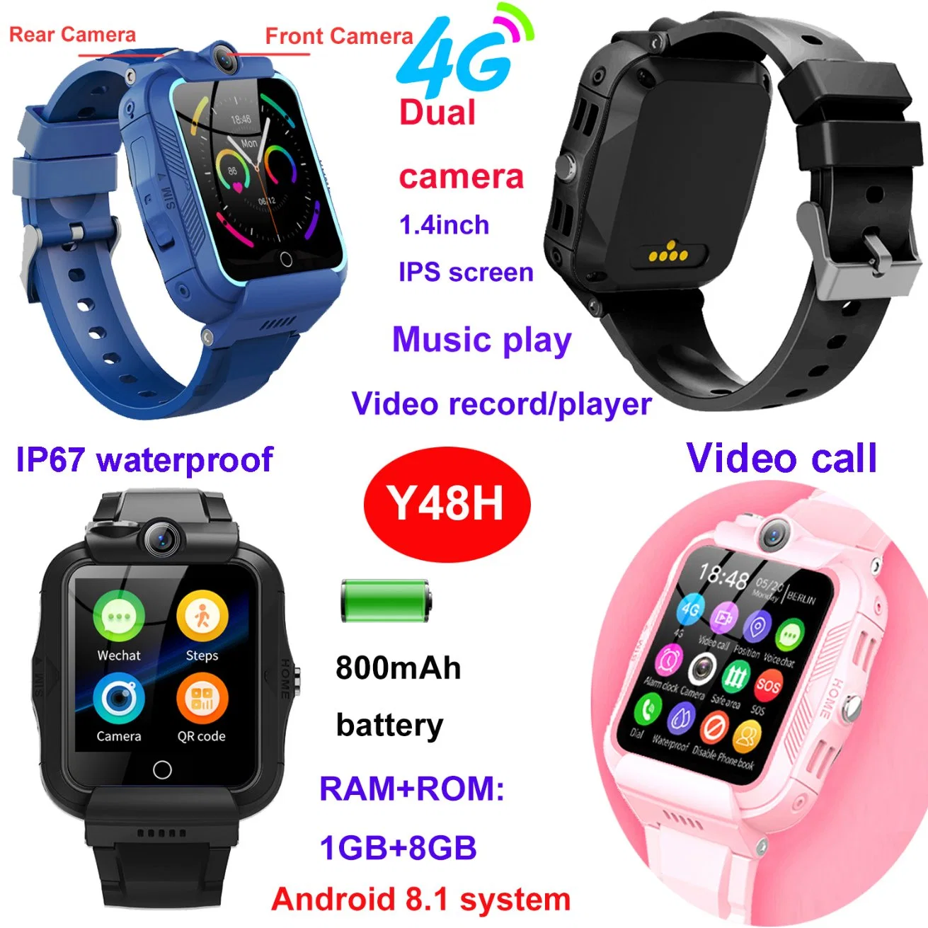 Best quality China manufacturer 4G IP67 water resistance Children Kids safety GPS tracker tracking Smart Watch Phone with video call Y48H