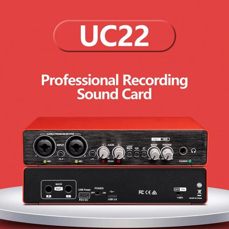 Hot-Sale UC22 2dans 2hors carte son studio d'enregistrement de l'interface audio XLR Alimentation USB interface jack audio