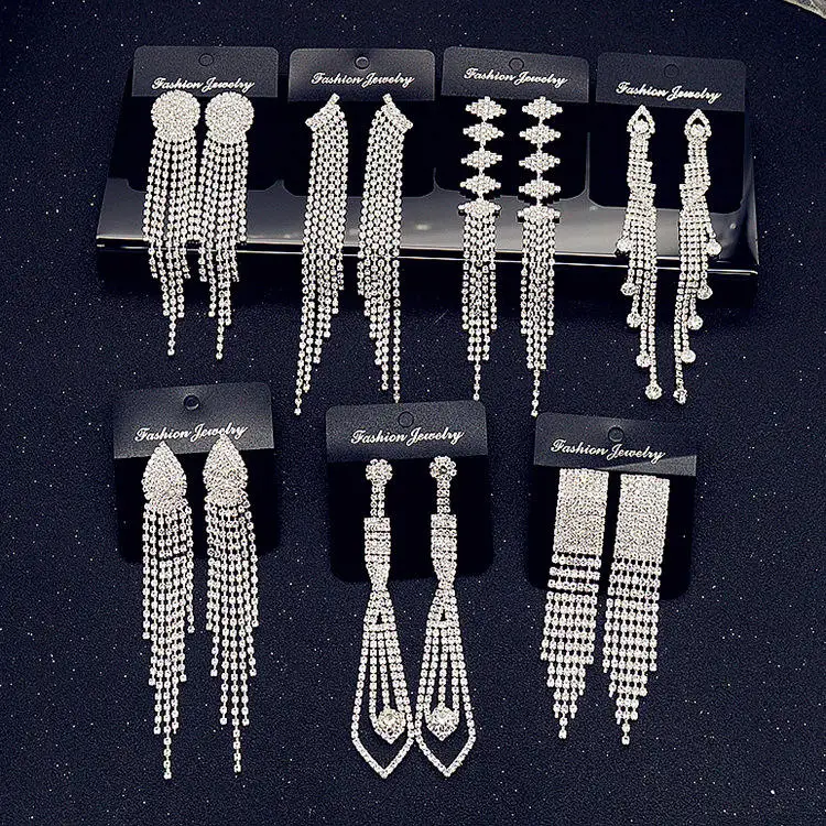 Wholesale Fashion Alloy Rhinestone Chain Tassel Earrings Jewelry Gifts