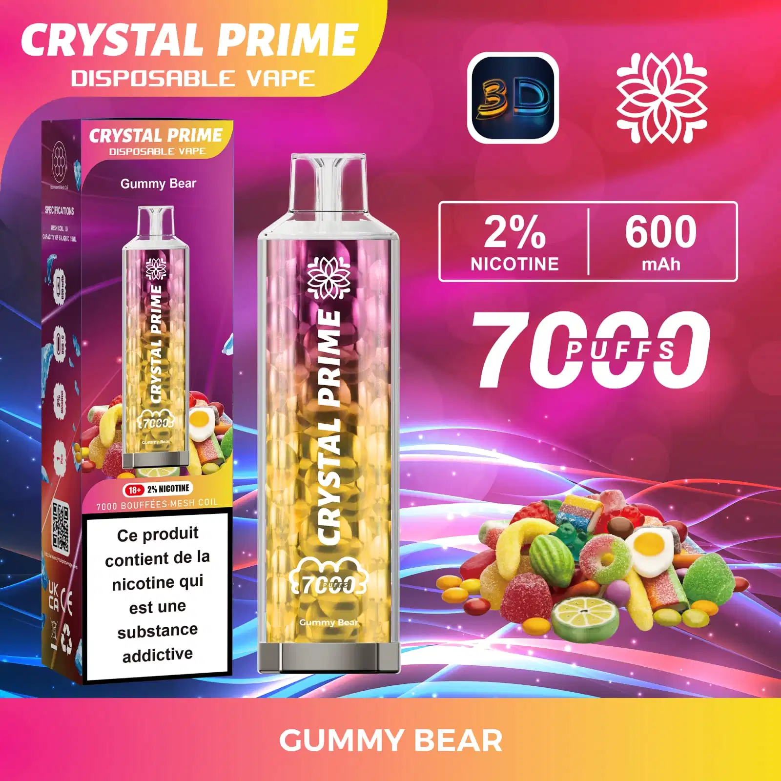 Atacado I descartáveis Pape Crystal Prime 7000 puffs 2% nicotina Barras de distribuição de puff da Lux Alibaba