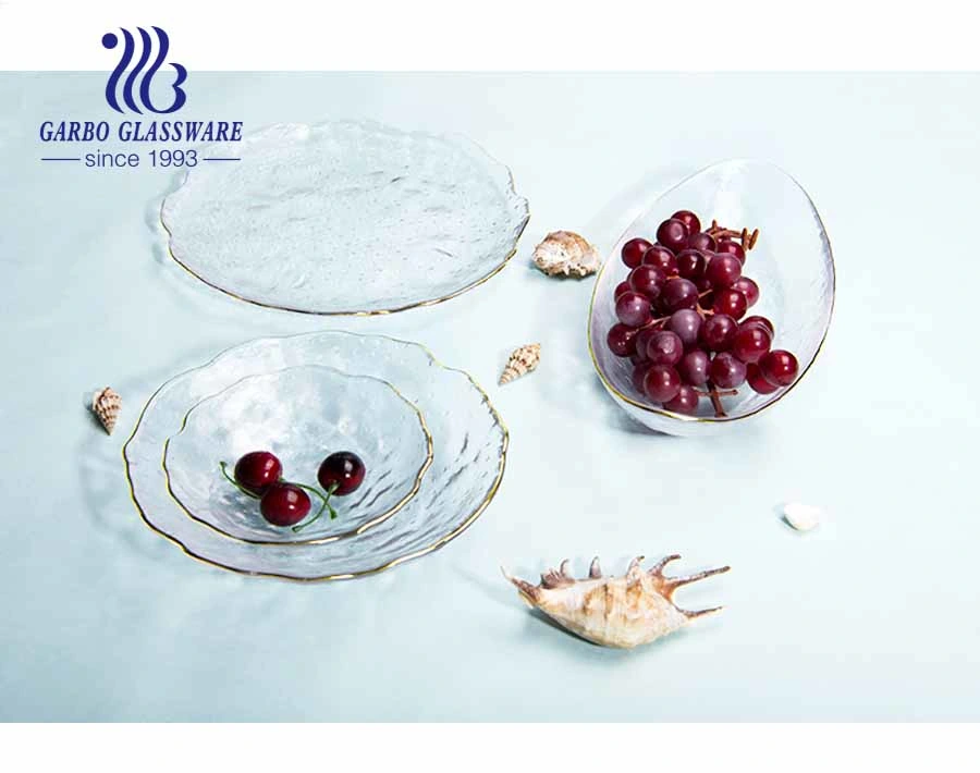 Gift Mail Order 5.5inch Clear Flower Unique Shape Glass Charger Plate with Gold Rim Dinner Flat Creative Plate