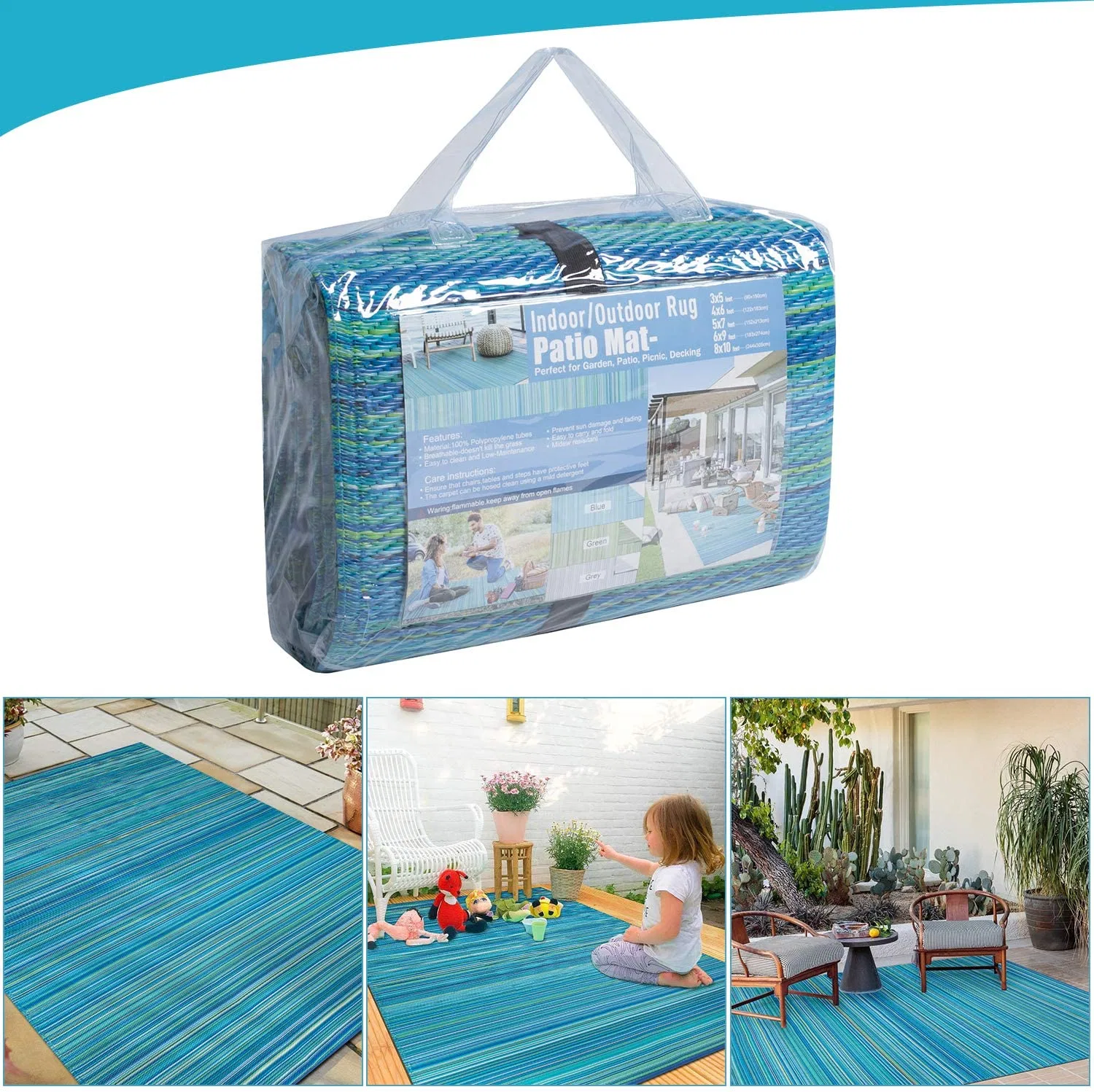 Znz 100% Polypropylene Plastic Reversible Factory 6X9, 9X12 with Carry Bag Outdoor Folding Patio Beach Picnic RV Camping Garden Mat