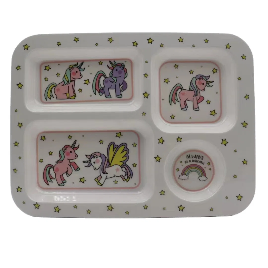 4 Compartments Kids Divided Plate Customized Melamine Dinner Plate for Children