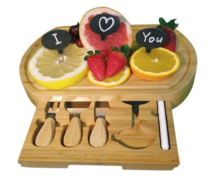 Casafield Organic Bamboo Cheese Cutting Board & Knife Gift Set - Wooden Serving Tray for Charcuterie Meat Platter, Fruit