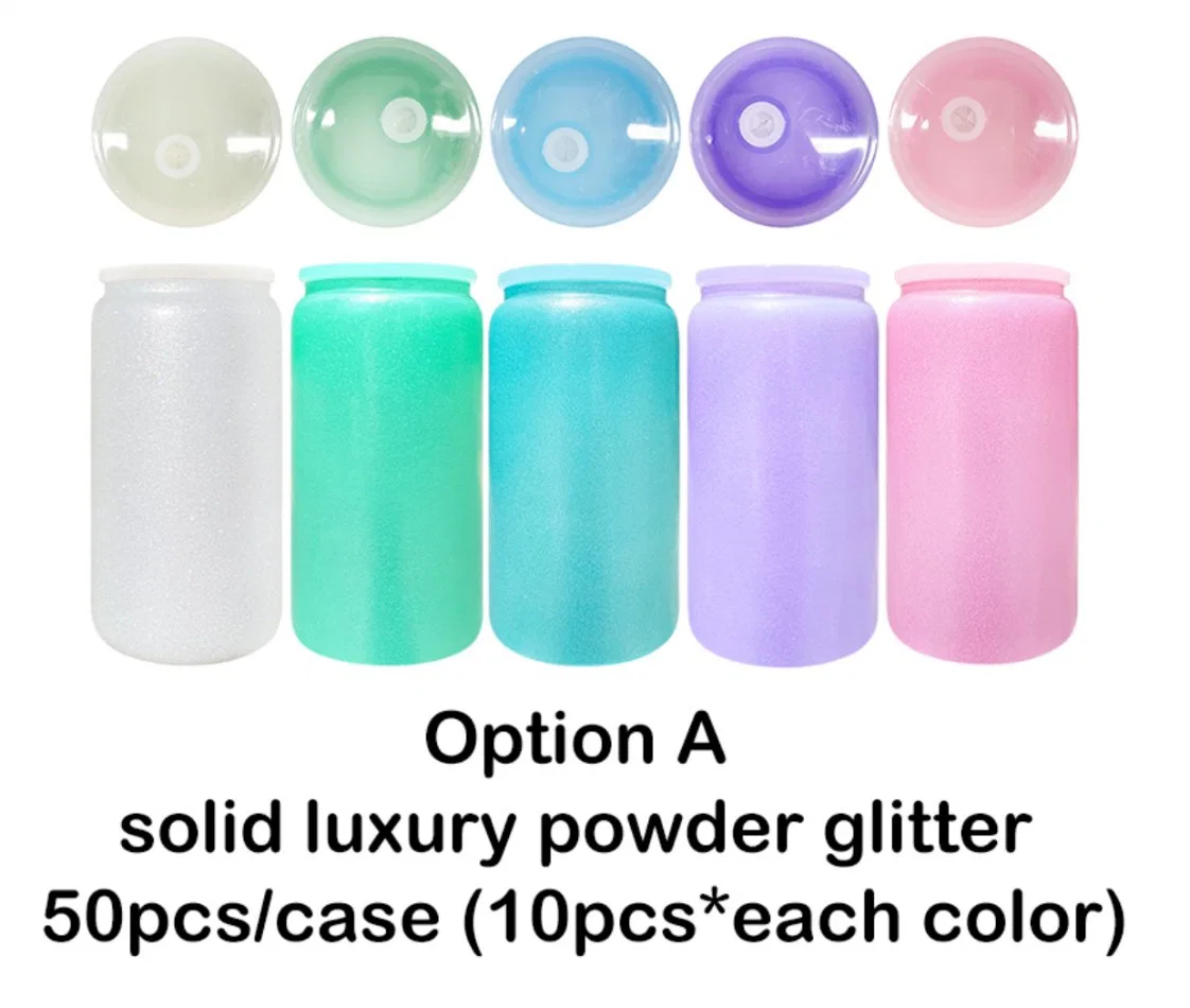 16oz USA Warehouse Blank Sublimation Rough Glitter Powder Coated Glass Can with Plastic Lid and Straw