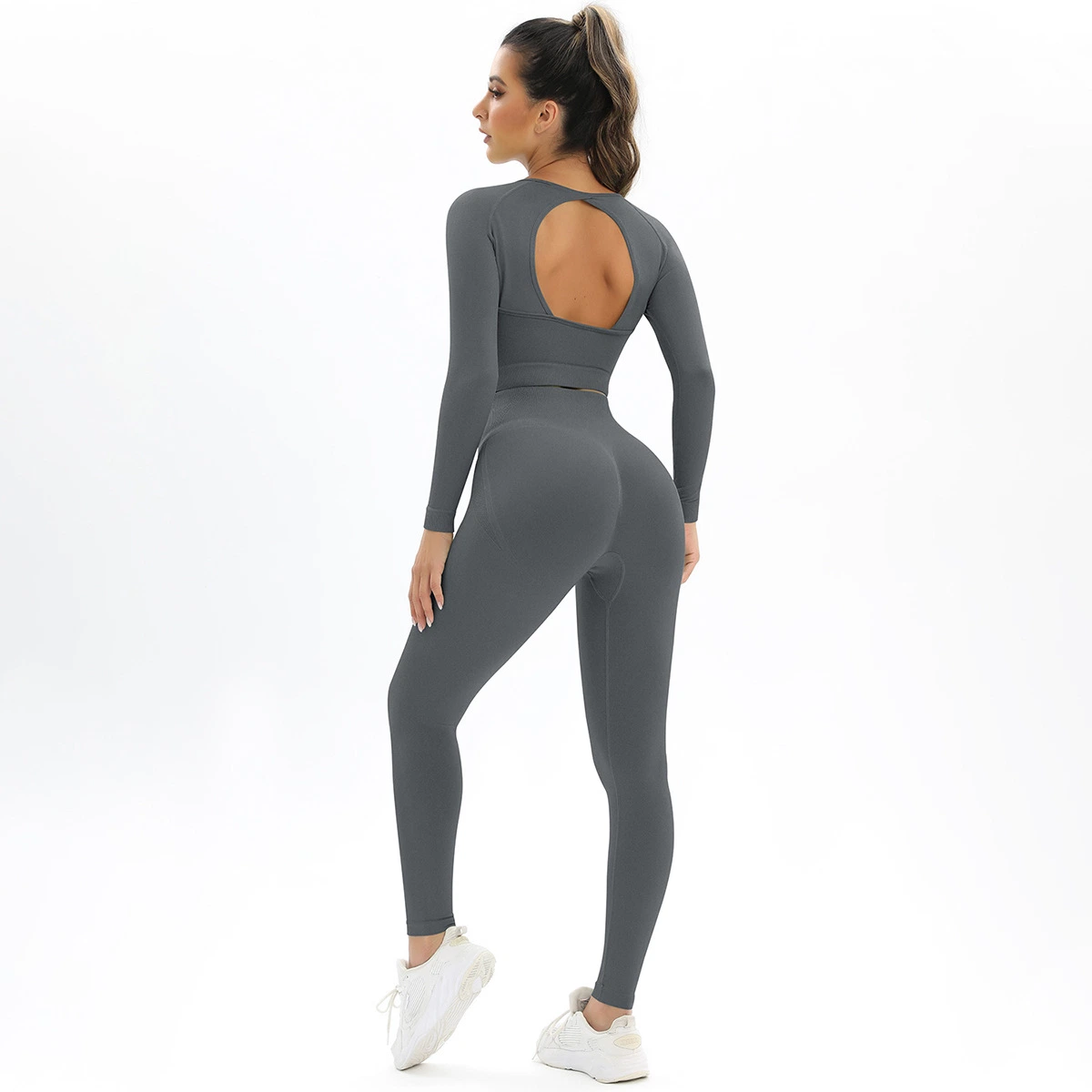 Perfecta Backless durazno tejido elástico alto de manga larga traje Yoga fitness femenino de Deportes de la ejecución de dos piezas