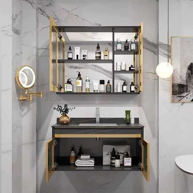 Ensemble de vanité de salle de bain flottante en bois massif de luxe de style européen avec lavabo et miroir.