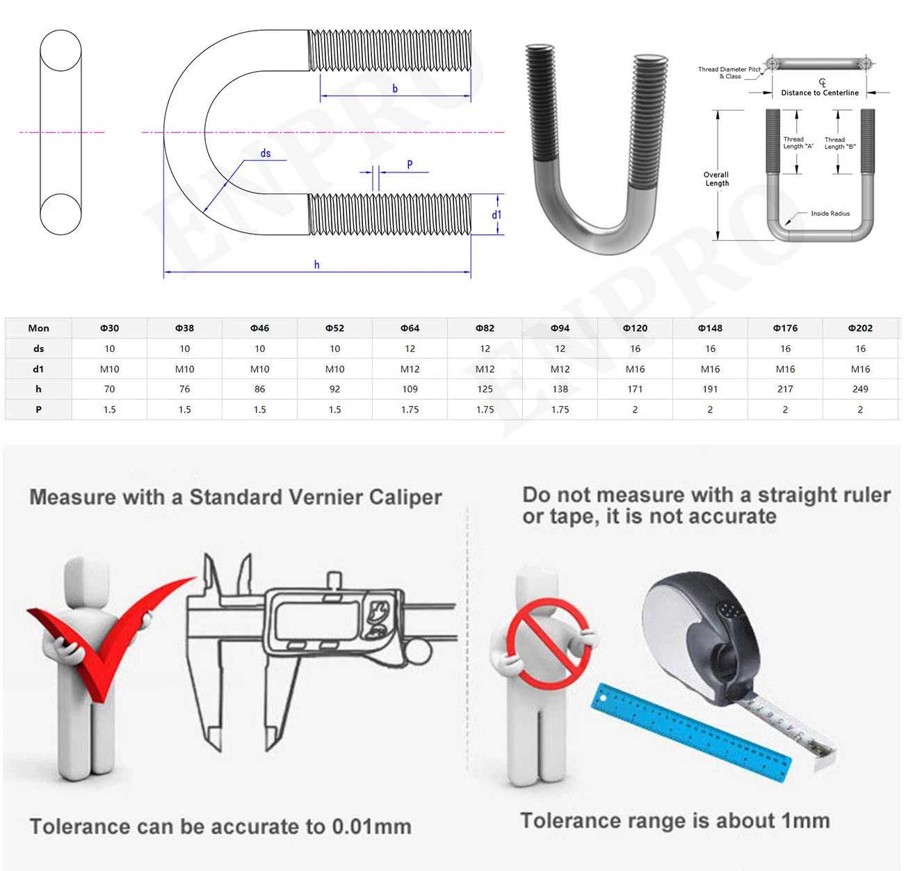 High Strength All Size Stainless Steel SS304 SS316 U Bolts Pipe Clamp