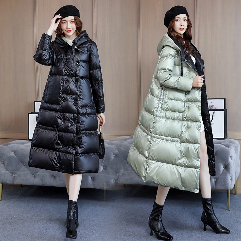 High quality/High cost performance Winter Womens fashion Thick Warm Shiny Down Filled Coats Long Reversible Puffer Jacket
