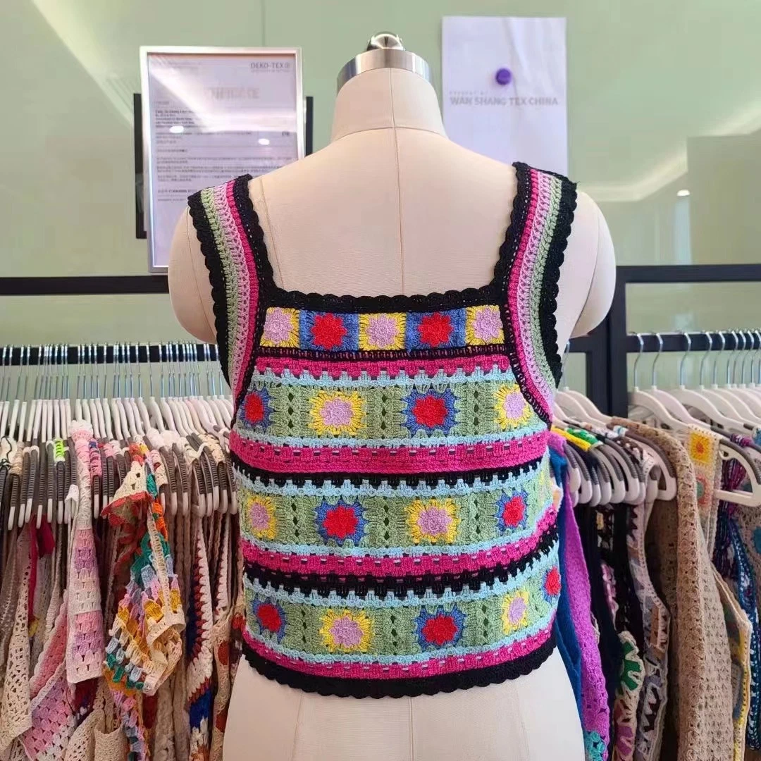 Señoras coloridas prendas de ropa de moda Primavera Verano tejidos acrílicos Crochet Chaleco de mujer Top