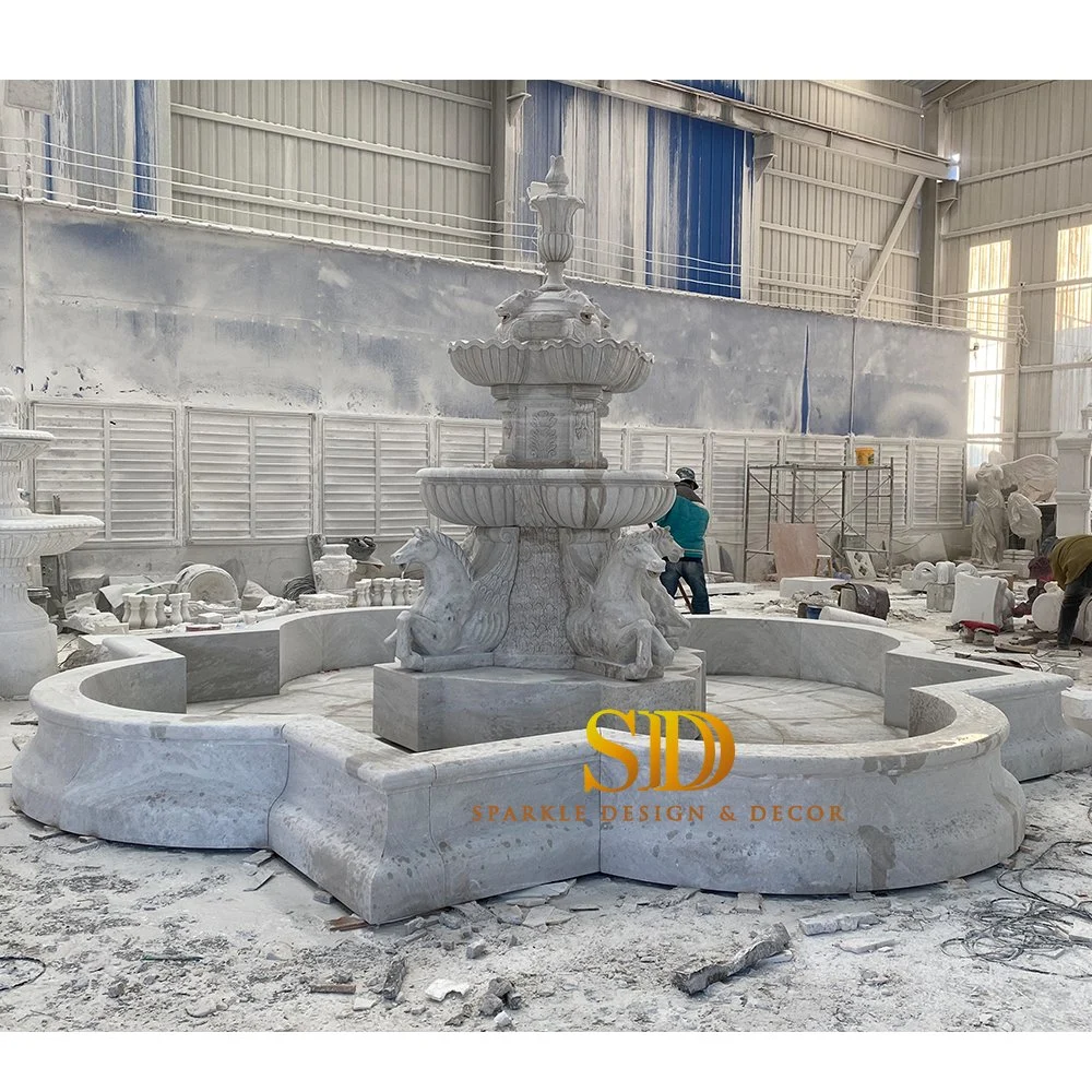 China precio de fábrica Fuente de mármol blanco de gran tamaño Diseño Piedra Fuente de agua con estatuas de caballos