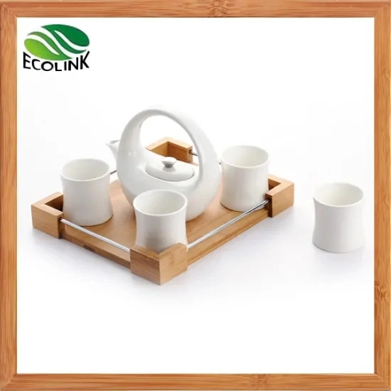 Ceramic Coffee Cup and Saucer Set with Bamboo Stand