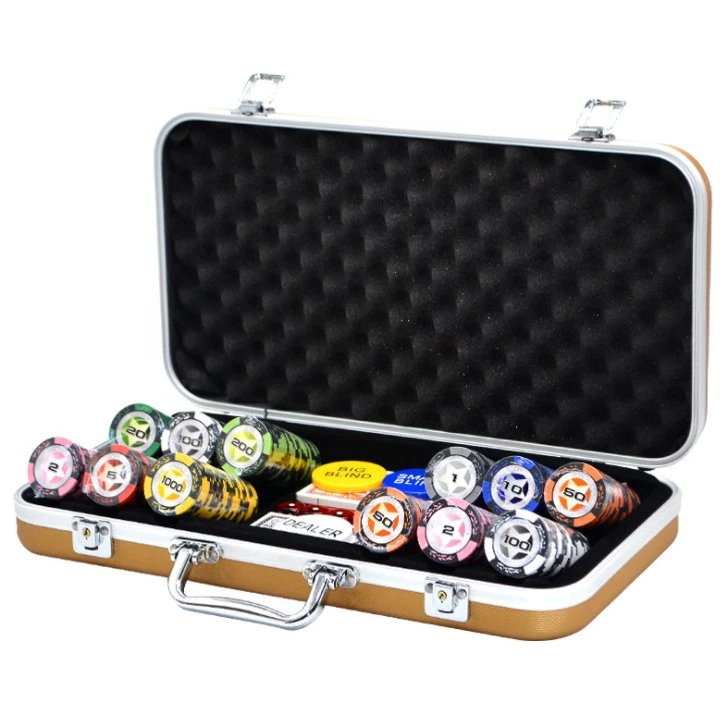 300 PCS/Set 13,5g arcilla fichas de póquer Texas Casino de Juegos con esquinas redondeadas de color dorado Metal Box Aluminum Case maleta